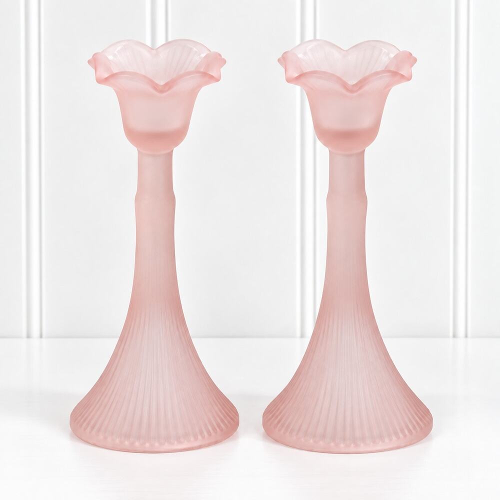 Vintage Pink Frosted Glass Tulip Candlestick Holders Pair Ribbed Floral